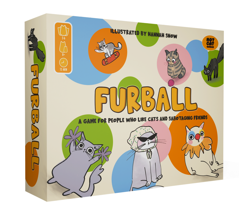 Furball strategic card game box front with illustrated cats
