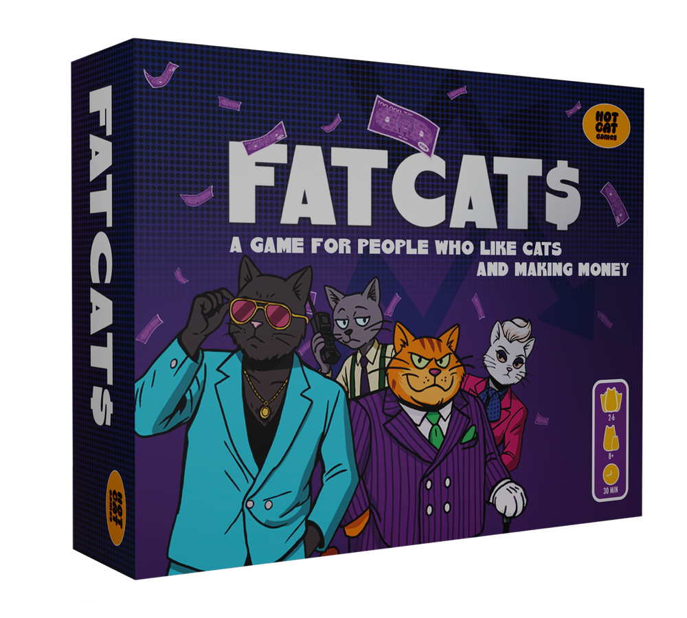 Fat Cats stock market card game box front with cat characters in suits